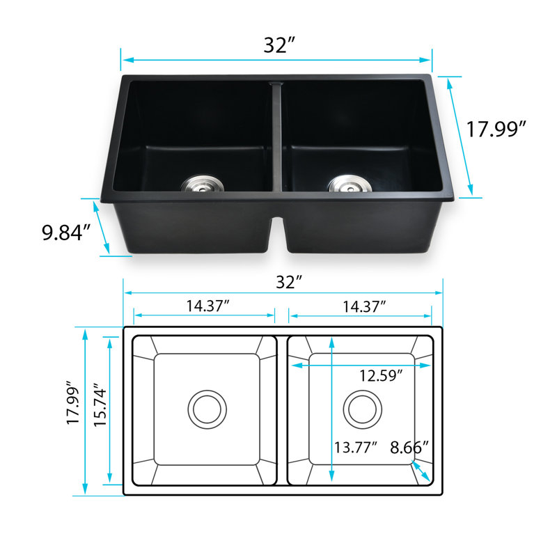 Évier de cuisine encastré à double cuve en quartz noir 32 po x 18 po - Chaleur, crépine avec panier antirouille pour un drainage sans obstruction et sans faille