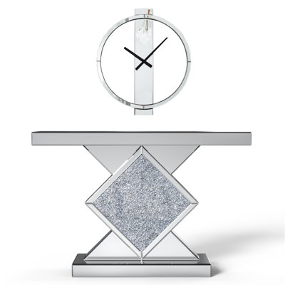Amla Mirrored Crushed Diamond Console Table ＋ Silver Round Mirrored Wall Clock 2-Piece Glam Entryway Decor Set
