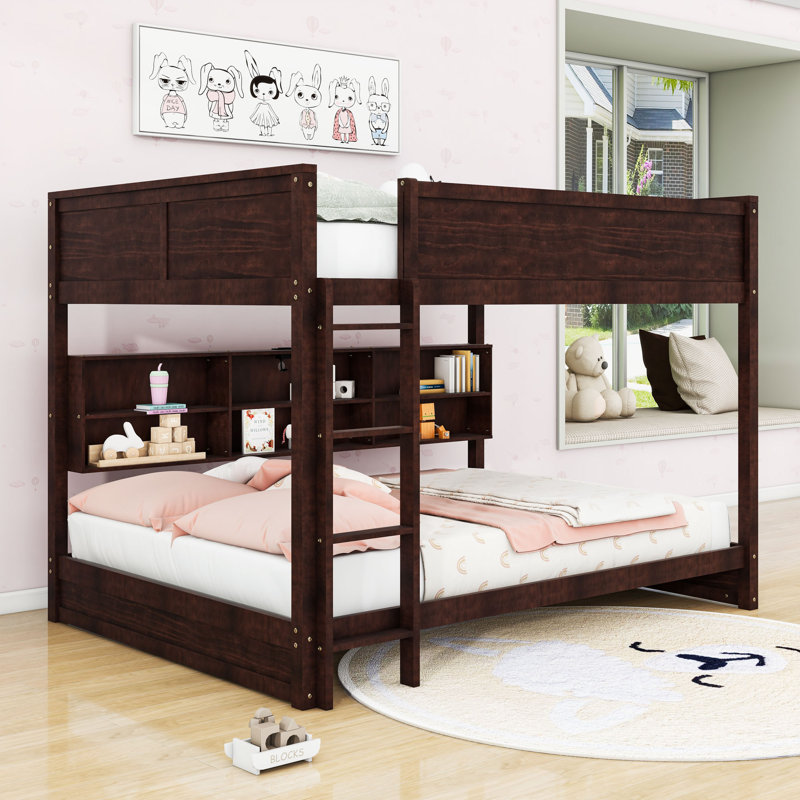 Queen Over Queen Bunk Bed With Built-In Storage Shelves And Charging Station,Ladder, Brown