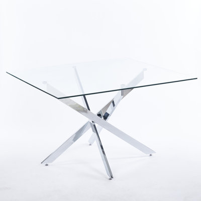 Square Glass Dining Table With Cross Metal Legs, 102 Lb Package, For Living Room Modern Space - Saving 28.57 In High, Easy To Clean