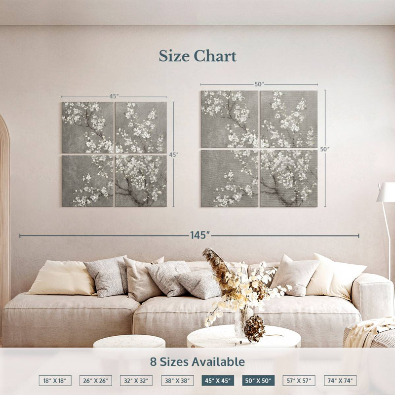 Harnek White Cherry Blossoms II On Grey, 50" H x 50" W