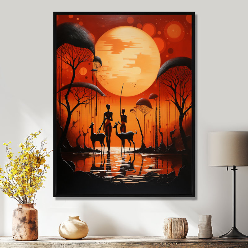 «Full Moon Simplicity Gazelles By The Pind», art mural africain, Toile avec cadre flottant noir, H 32 po x l 24 po x P 1 po