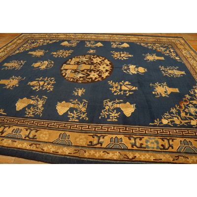 1900s Rectangle Hand Knotted Pile Blue Antique Wool Rug