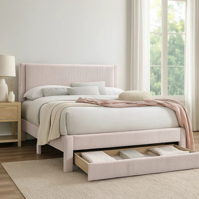 Daisy Full Bed W Drawer, Light Pink Corduroy Upholstery, Foam Headboard