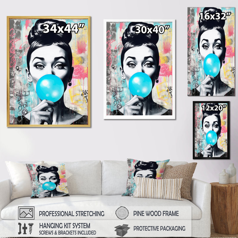 Blue Bubble Gum - Print on Canvas, Black, 44" H x 34" W, Framed Print