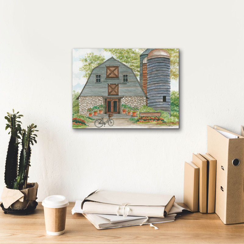 «Bluebird Barn» par Cindy Jacobs, art mural sur toile, H 12 po x l 16 po x P 0,75 po