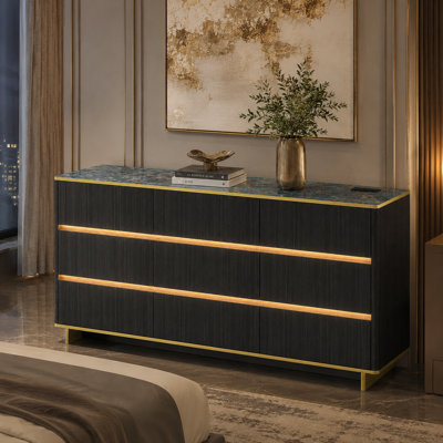 Adlington 63'' 9-Drawer Dresser With High-Gloss Marble-Look UV Top, Bluetooth LED Lighting