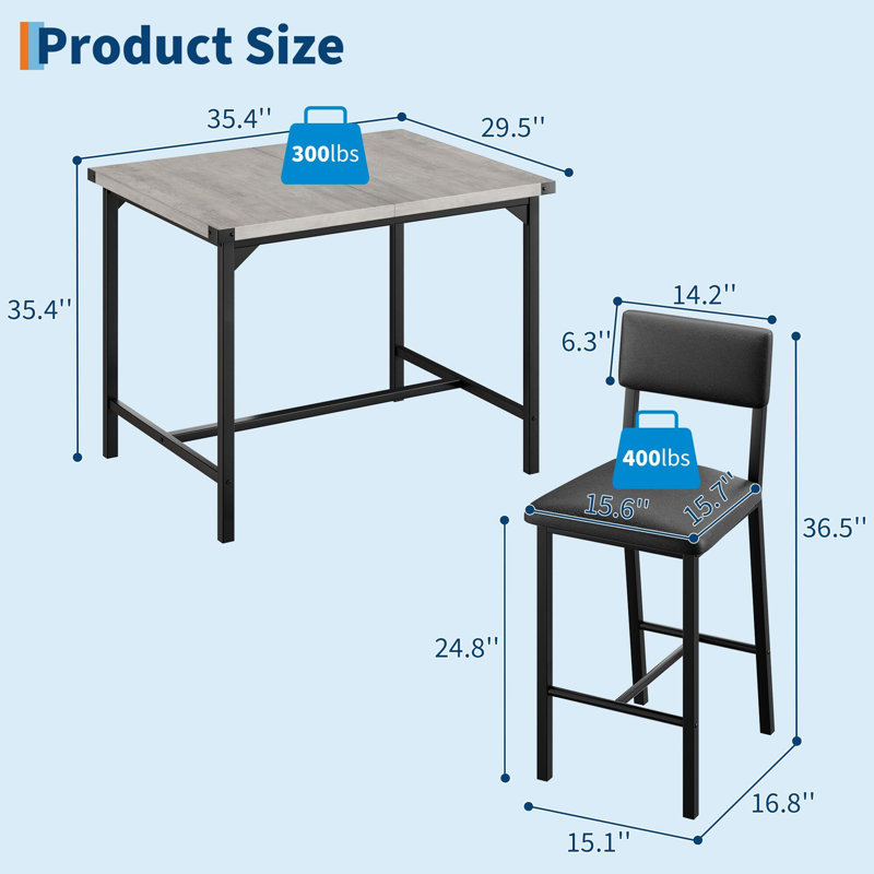 Dining Table Set, Counter Height Table With 4 Upholstered Bar Stools, Gray, Black
