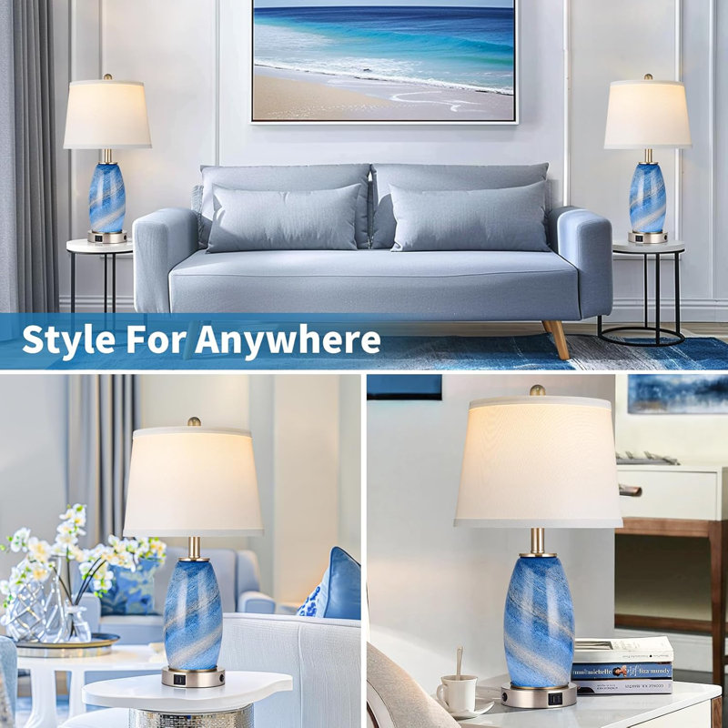 Blue Textured Glass 3-Way Table Lamps with USB Ports, Set of 2