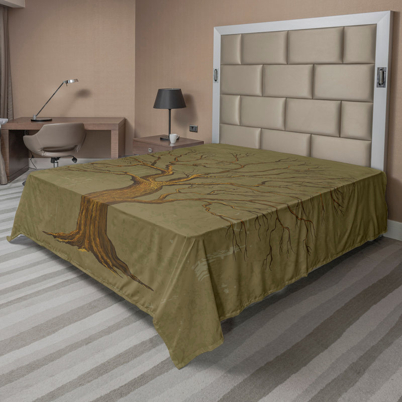 Ambesonne Tree Top Flat Sheet Old Paper Effect Vintage Calking Olive Green