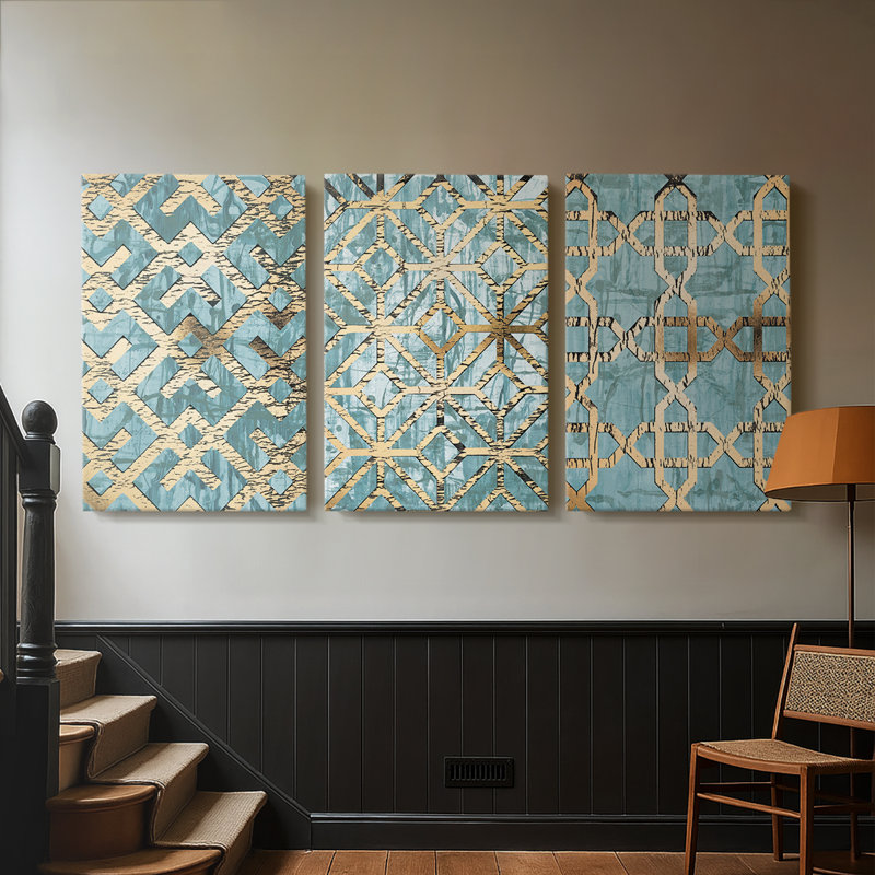 Gilded Geometrics I - Toile tendue avec châssis sur mesure - 3 pièces, H 60 po x l 120 po