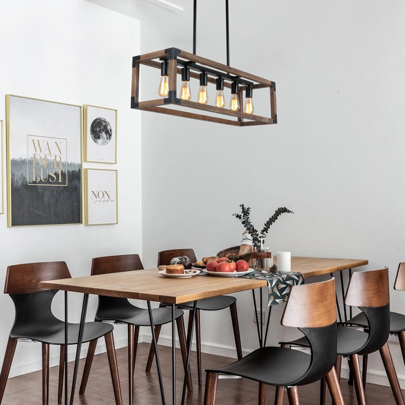 Brown 6-Light Dimmable Kitchen Island Rectangle Chandelier Lighting Fixture