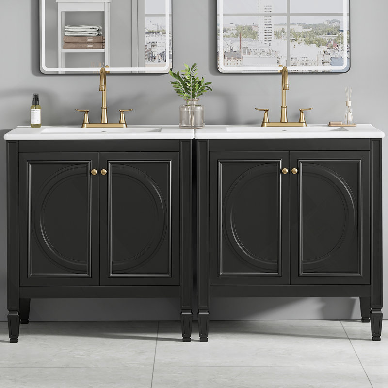 Bathroom Vanity With Ceramic Sink, Storage Drawer And Soft Close Doors, Black