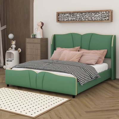 Lit tapissier grand en cuir, cadre de lit moderne avec tête de lit à oreilles, lit plateforme avec pied de lit ondulé