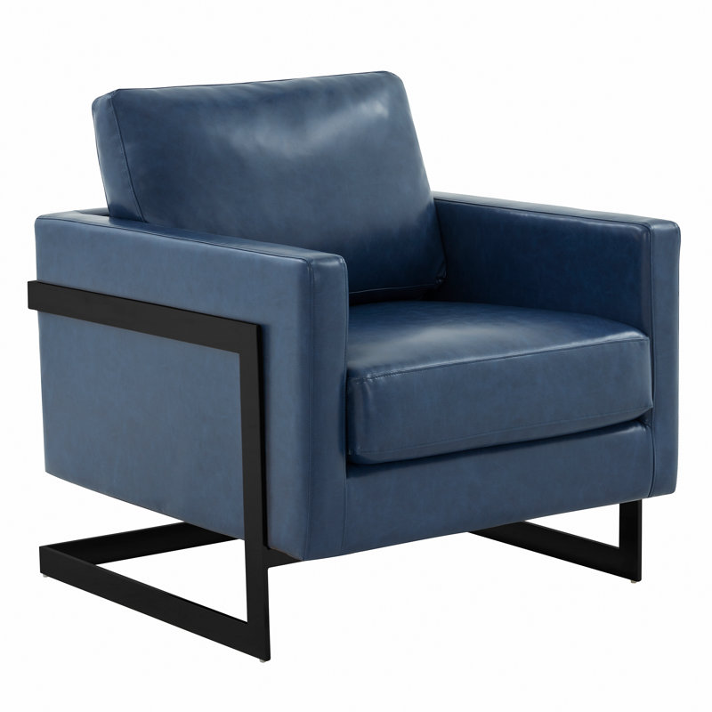 Lincoln Modern Leather Accent Chair with Stainless Steel Base – Contemporary Boxy Armchair, Single Seater Side Chair for Living Room, Bedroom, Office & Lounge