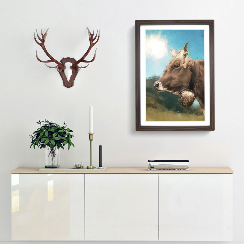 Alpine Cow in the Summertime in Abstract - Picture Frame Painting Print, Walnut Framed, 48cm H x 36cm W x 2cm D