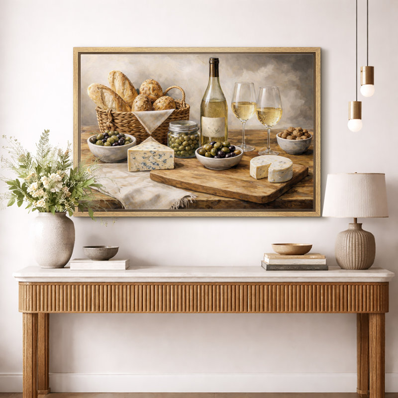 Œuvre d'art rétro de fromage et de vin blanc, images de cuisine de campagne, impression sur toile encadrée, Cadre naturel