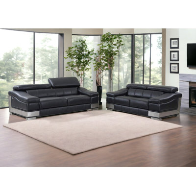 Donelle Two Piece Indoor Black Italian Leather Five Person Seating Set