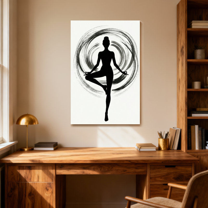 Silhouette abstraite, pose de yoga circulaire, coup de pinceau, H 18 po x l 12 po