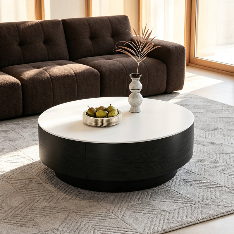 Table basse ronde pour petit appartement, H 12,99 po x l 27,55 po x P 27,55 po, White, Wood