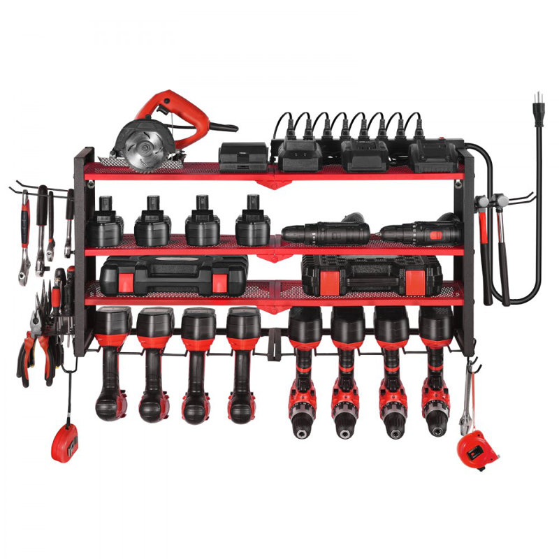 Organisateur d'outils électriques avec station de charge, support de rangement de perceuse à 4 couches avec 8 supports de perceuse et panneau perforé latéral, organisateur d'outils de garage intégré à 8 prises électriques pour garage, établi, atelier