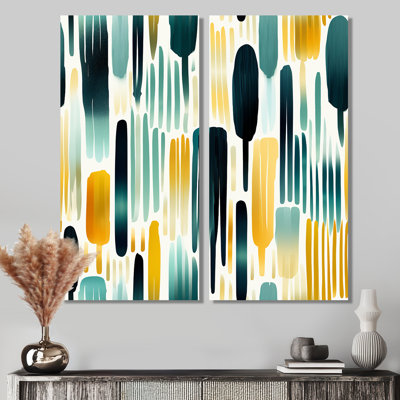 «Green Adn», peinture jaune à rayures - décoration murale moderne rose, 2 pièces