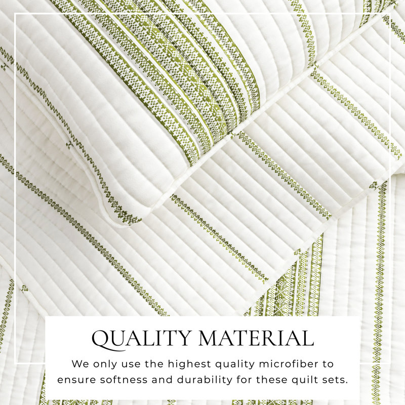 Twin/Twin XL White and Green Striped Cotton Quilt Bedding Set