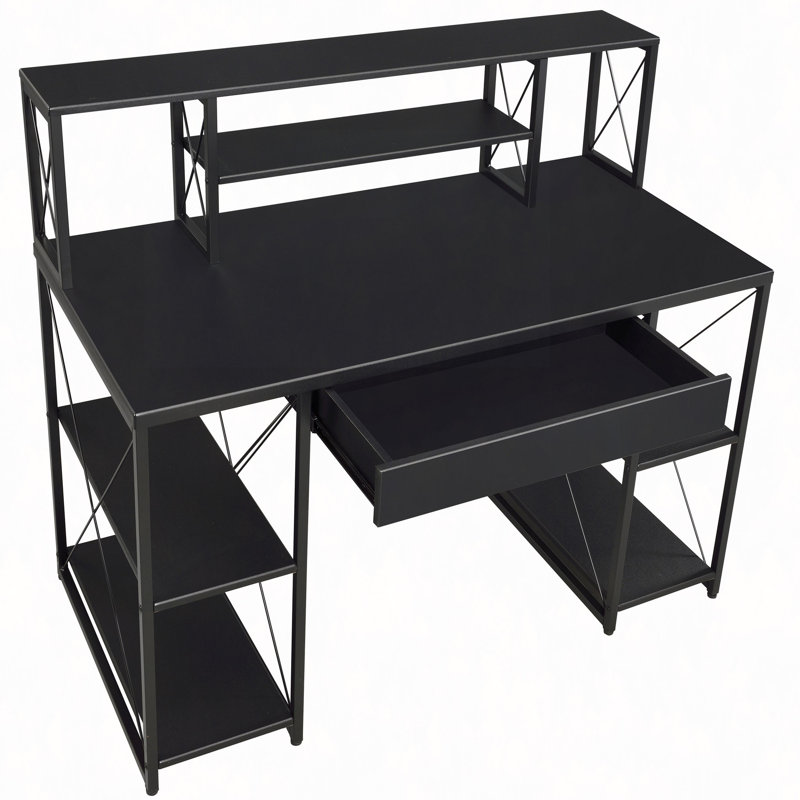 Bureau avec tablettes ouvertes et huche, Noir