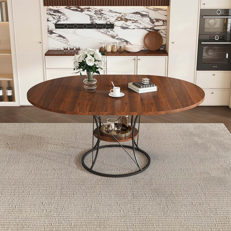 Extendable Round Dining Table with Metal Base and Storage Shelf