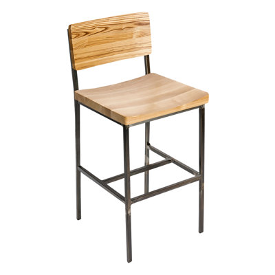 Tabouret à hauteur de comptoir Memphis, assise et dossier en frêne naturel - structure en acier - finition vieillie