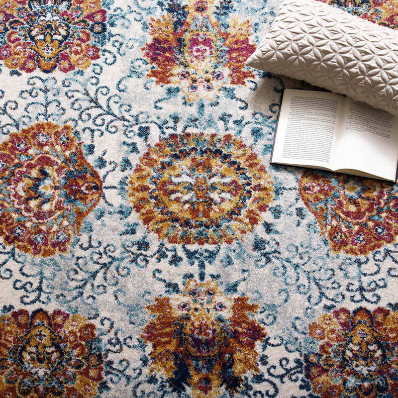 Ivory and Blue Floral Synthetic Rectangular 8' x 10' Area Rug