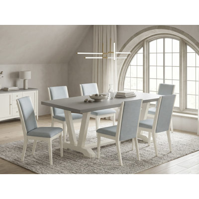 Ensemble de table de salle à manger 7 pièces composé d'une table en bois de ciment et de 6 chaises de salle à manger en lin Shitake foncé avec dossier haut - Lin brossé blanc.