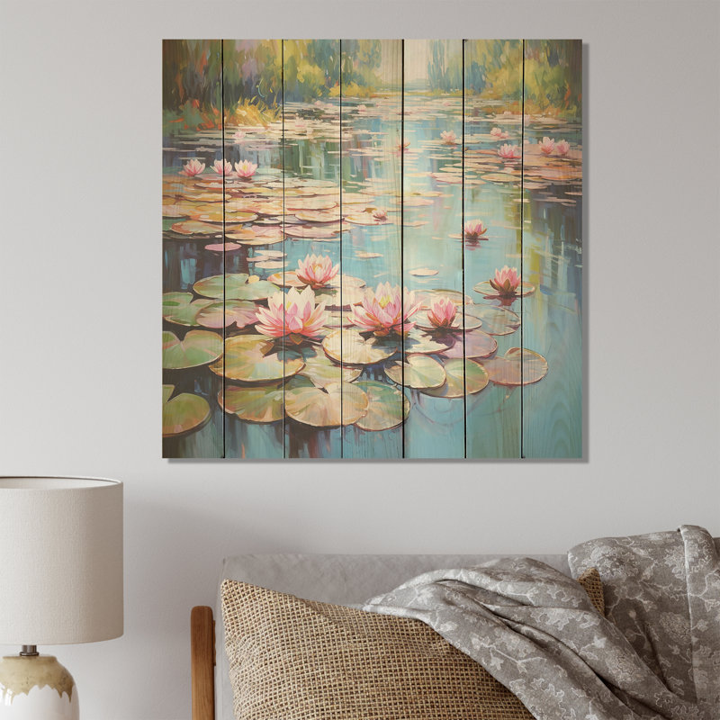 Blue And Green Monets Lake Reflections III - Lake On Wood Print, 36" H x 36" W