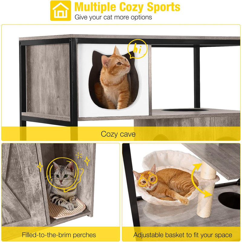Gray Wooden 3-Story Cat Condo with Litter Box Enclosure