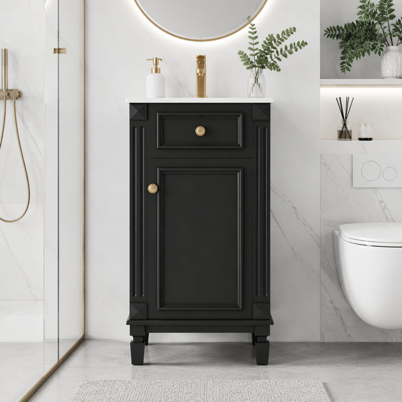 Meuble-lavabo autoportant avec lavabo en céramique, porte à fermeture douce et tablette réglable, style champêtre français