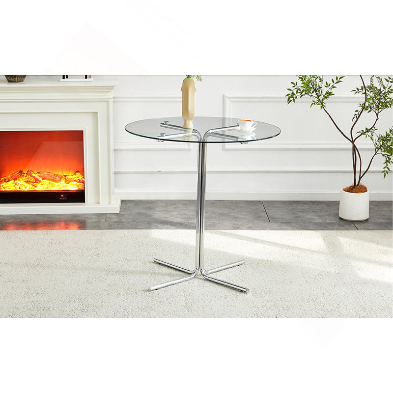 Table ronde haute en verre, table ronde de 36 pouces, plateau en verre trempé, support robuste à quatre colonnes plaqué en chrome argenté, convient aux tables rondes transparentes dans les petits espaces, les cuisines