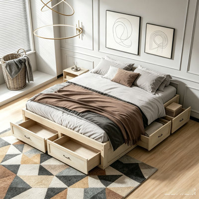 Wood Bed with 6 Storage Drawers