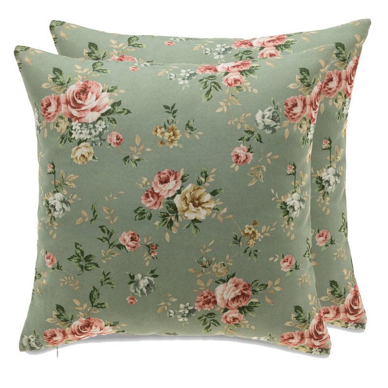 Ensemble de 2 coussins Florence, Motif floral vert, H 22 po x l 22 po, Housse de coussin seulement - sans coussin