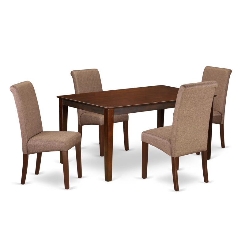 Ensemble de table de salle à manger 5 pièces comprenant une table de cuisine rectangulaire et 4 chaises de salle à manger Parsons en tissu brun, acajou