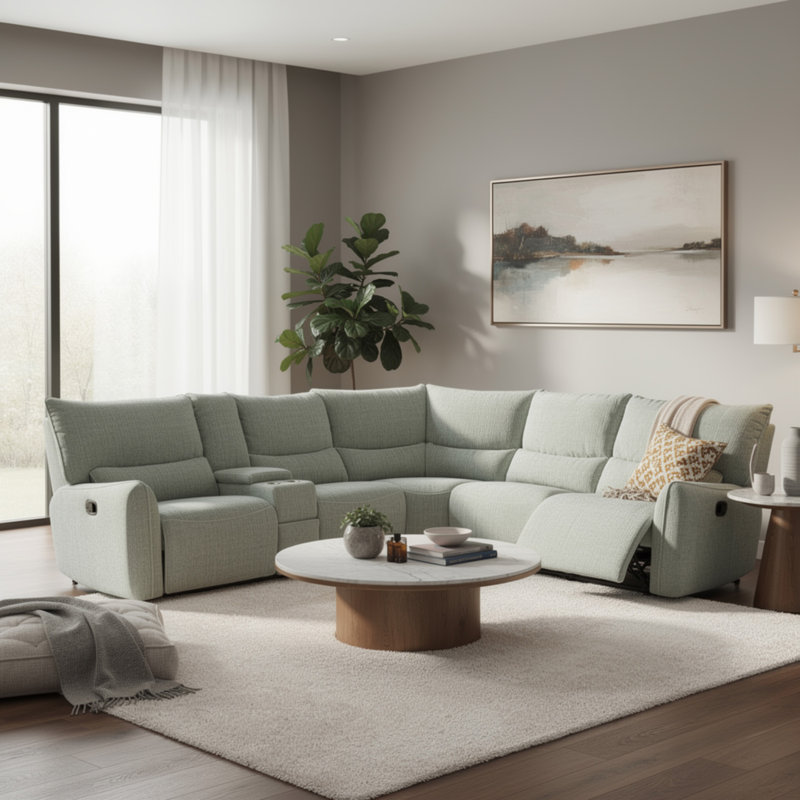 Canapé modulaire inclinable électrique 3 pièces avec console Rey, gris latté, Électrique - Bouton-poussoir