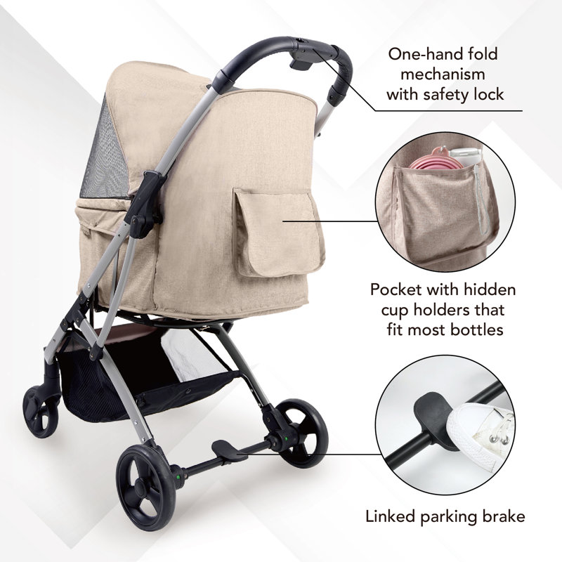 Compact Foldable Beige Polyester Pet Stroller with EVA Wheels