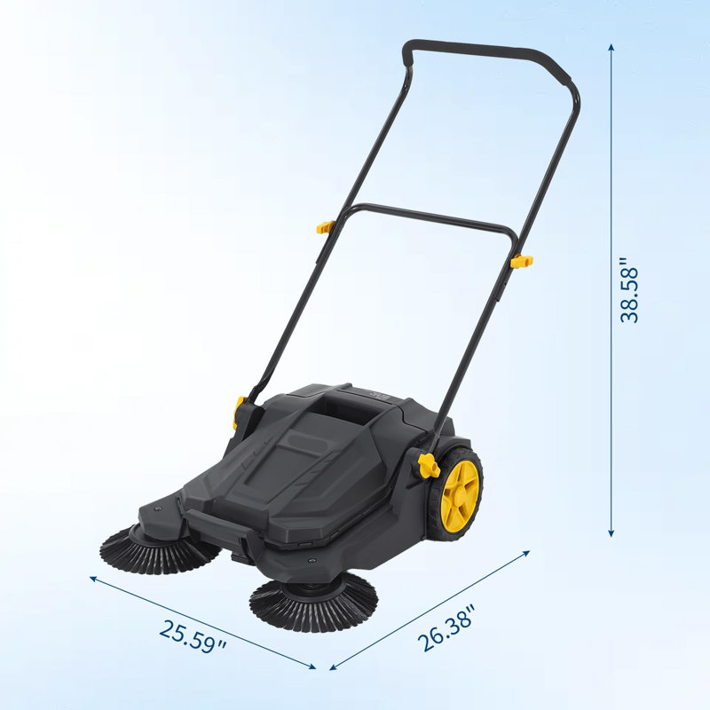 Balayeuse à plancher manuelle 26 po, balai manuel à pousser avec poubelle de 5 gallons et poignée pliable pour le garage, l’atelier, l’extérieur, la rue et le jardin