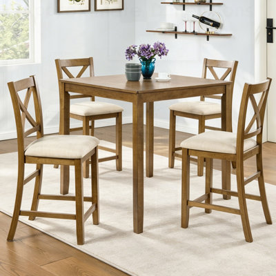Ensemble de salle à manger 5 pièces à hauteur de comptoir avec table carrée et 4 chaises à dossier en X, structure en bois massif, surface imperméable, assemblage facile pour les petits espaces, la cuisine ou le coin-repas