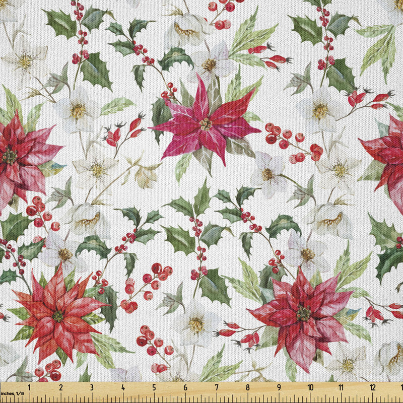 Beier Poinsettia Flowers and Rowan Berry Branches Christmas Multi-Purpose Fabric