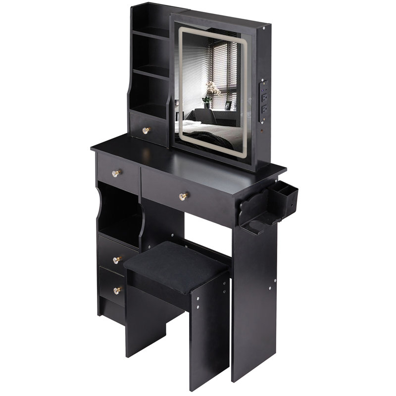 29.2" Small Size Left Drawer Desktop Vanity Table + Cushioned Stool