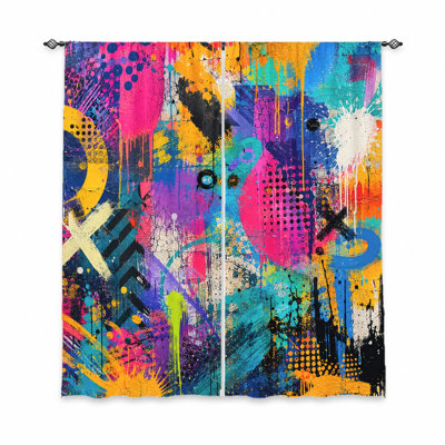 2 pièces de rideaux abstraits d'art graffiti, tissu filtrant la lumière, motif géométrique vibrant et chaotique, protection de l'intimité du parasol, conception à passe-tringle, convient au salon, à la chambre à coucher, à l'adolescence et à la cuisine