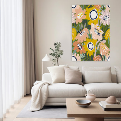 «Happy Cozy», motif floral vert scandinave sans soudure, audacieux, contemporain, renoncule, marguerite, mousse, nature, art mural