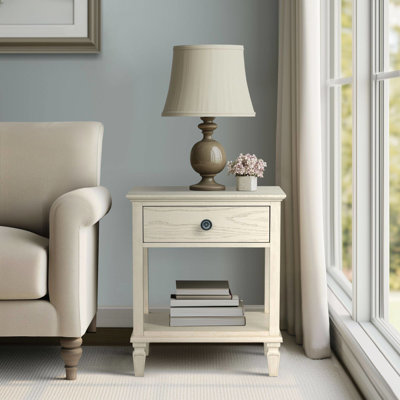 Table de chevet antique crème avec tiroir de rangement ouvert et tablette, chevet en bois naturel, assemblage requis, pieds solides, armoire simple de 24 po de largeur et de 28,5 po de hauteur, requis, placage