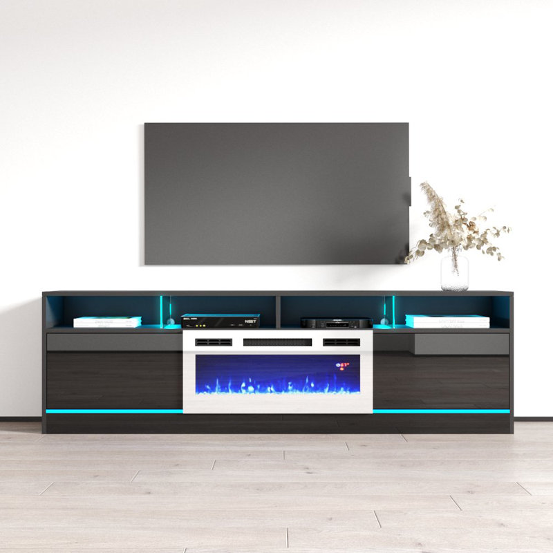 Meuble télé moderne avec foyer électrique 78,7 po Alexin, Noir / blanc
