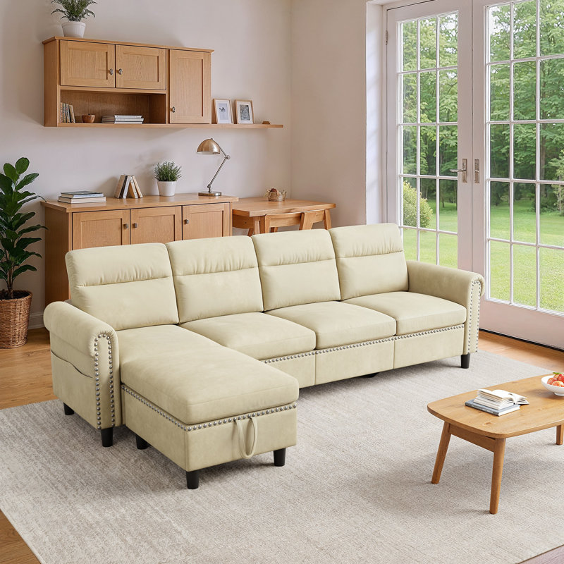 92.9”Suede U/L-Shaped Sectional Sofa With Storage Ottoman & Side Pocket – Large Living Room Couch, Gray Suede